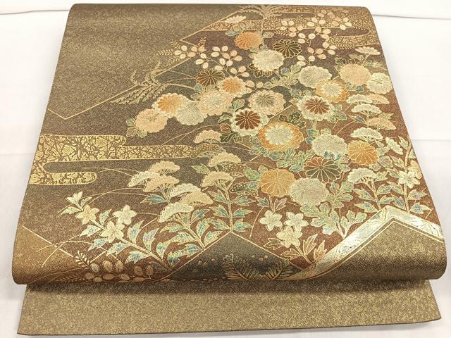 平和屋着物◎太鼓柄袋帯 草花文 金彩 正絹 逸品 CAAR1774nb