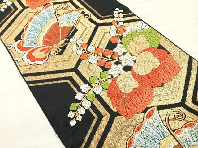 平和屋着物◎六通柄袋帯 唐織 桐亀甲文 黒地 金糸 正絹 逸品 CAAR1869nb