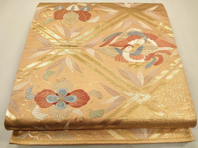 平和屋着物◎六通柄袋帯 唐織 向かい鳥菱花文 金糸 正絹 逸品 CAAR3662ft