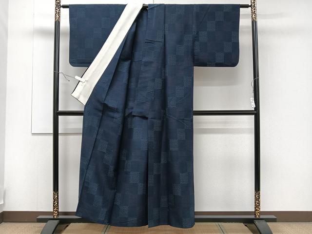 平和屋着物▽上質な紬 単衣 市松文様 正絹 逸品 CAAR6233kb