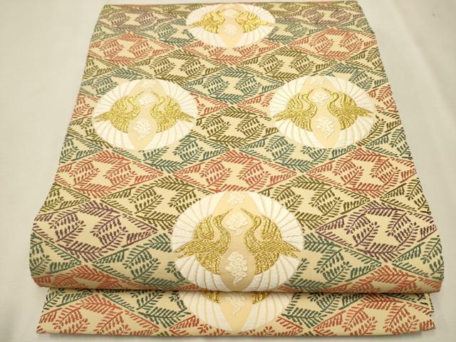 平和屋着物●六通柄袋帯 唐織 松菱鶴の丸文様 金糸 正絹 逸品 CAAR7764hy