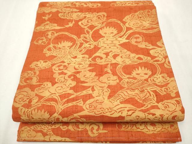平和屋着物●九寸開き名古屋帯 紬地 風神雷神 正絹 逸品 CAAR7897hy