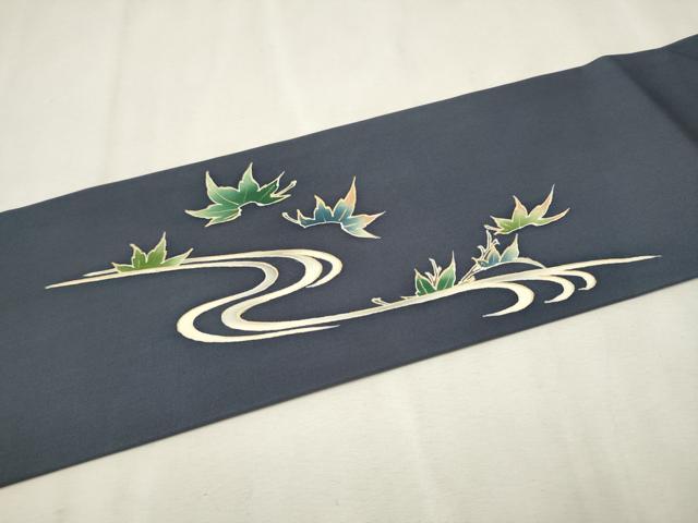 平和屋着物●塩瀬 九寸名古屋帯 流水舞葉文 金彩 正絹 逸品 CAAR7901hy