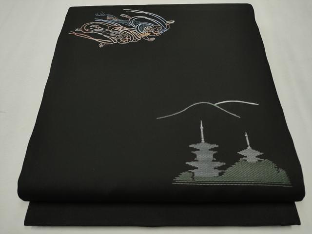 平和屋着物●塩瀬 九寸開き名古屋帯 総刺繍 天女 風景文 黒地 正絹 逸品 CAAR7913hy