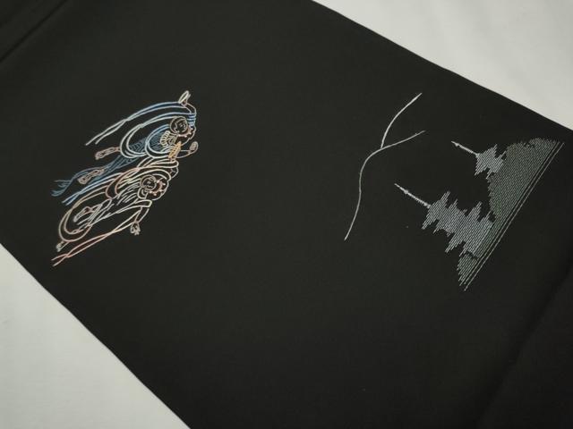平和屋着物●塩瀬 九寸開き名古屋帯 総刺繍 天女 風景文 黒地 正絹 逸品 CAAR7913hy