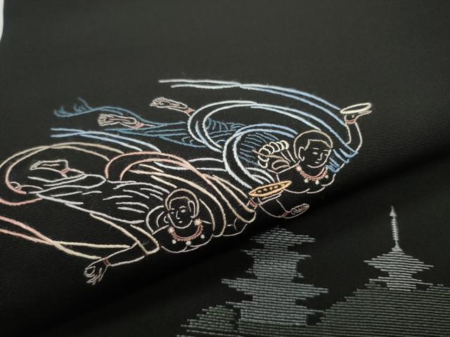平和屋着物●塩瀬 九寸開き名古屋帯 総刺繍 天女 風景文 黒地 正絹 逸品 CAAR7913hy