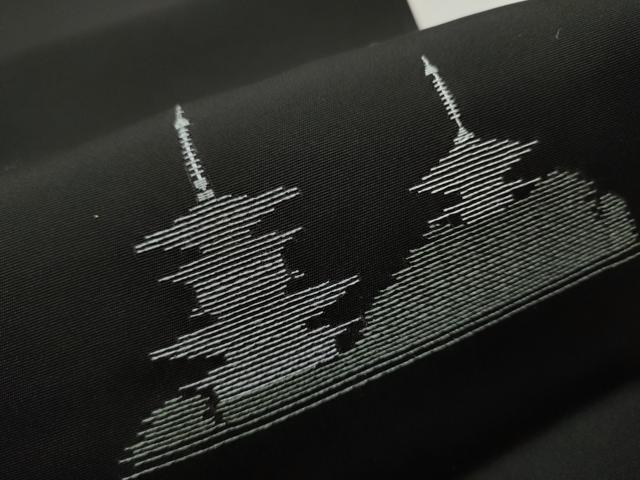 平和屋着物●塩瀬 九寸開き名古屋帯 総刺繍 天女 風景文 黒地 正絹 逸品 CAAR7913hy