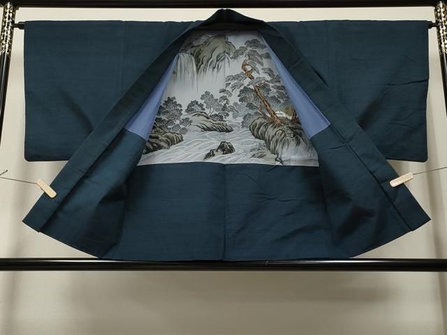 平和屋着物#男性 羽織 紬地 紺青色 正絹 逸品 CAAR9165id