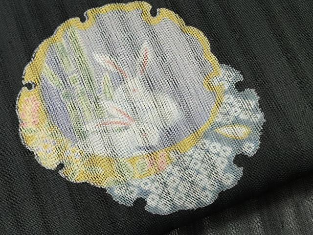平和屋着物*夏物 小紋 紗 雪輪兎草花文 黒地 洗える着物 CAAQ1233evm