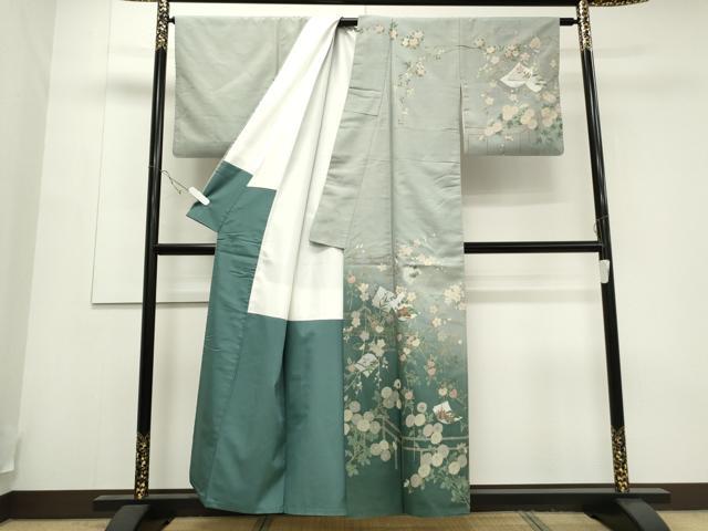 平和屋着物●訪問着 紬地 破れ色紙枝花文 金彩 正絹 逸品 CAAS0030th