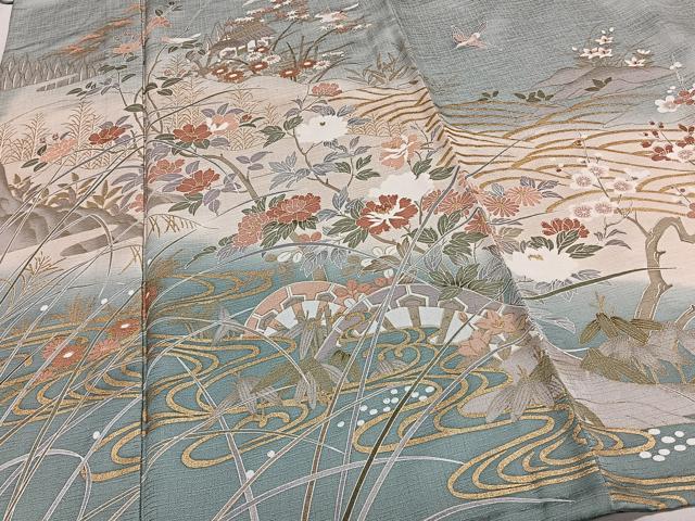 平和屋着物▽訪問着 単衣 風景花鳥文 暈し染め 金彩 正絹 逸品 CAAS2481xi