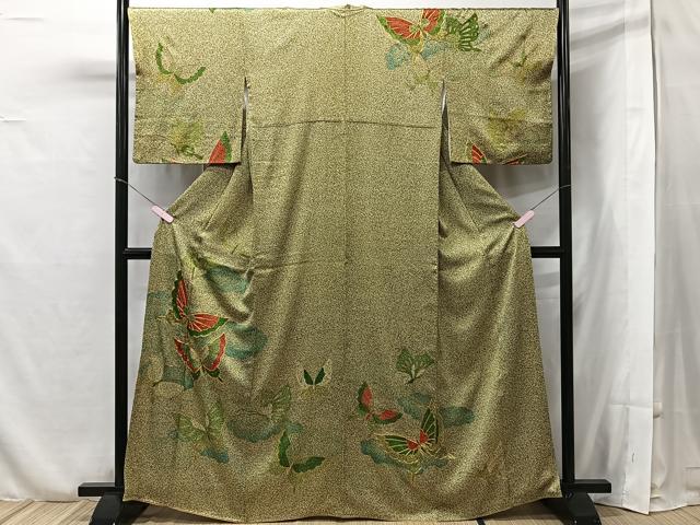 en44　裾引き2点　舞台用　正絹　花柄　金紗の絵柄 平和屋着物□訪問着 駒刺繍 雲取り舞蝶文 金糸 正絹 逸品