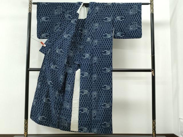 平和屋着物▽弓浜絣 単衣 蓑亀 鶴 亀甲文様 綿 逸品 CAAS7115yc