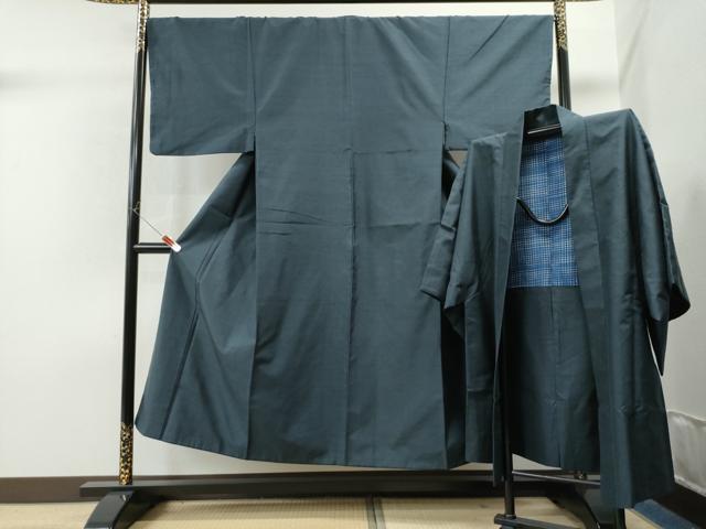 平和屋着物●男性 紬 アンサンブル 色無地 留紺色 正絹 逸品 CAAS7285yc