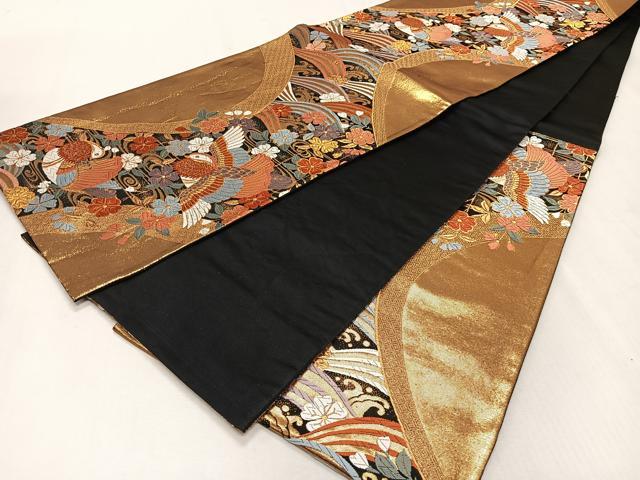 平和屋着物◎六通柄袋帯 唐織 立波鴛鴦花文 黒地 金糸 正絹 逸品 CAAS7676ua