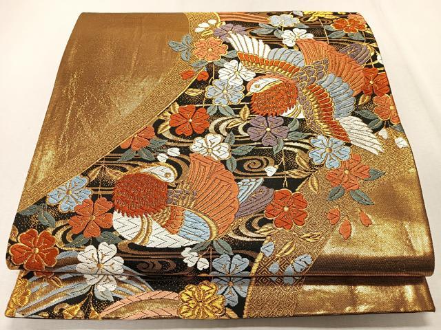 平和屋着物◎六通柄袋帯 唐織 立波鴛鴦花文 黒地 金糸 正絹 逸品 CAAS7676ua