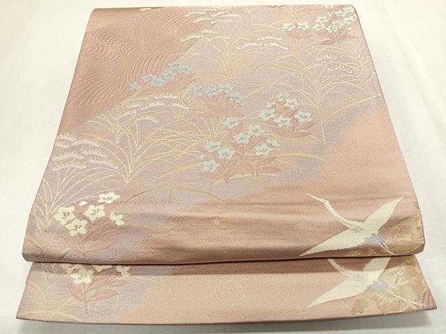 平和屋着物◎六通柄袋帯 飛鶴吉祥花文 金糸 正絹 逸品 CAAS7683ua