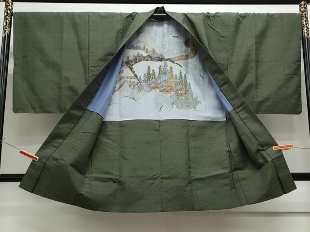 平和屋着物●真綿華峰紬 アンサンブル 色無地 麹塵色 反端付き 正絹 逸品 CAAS9204th