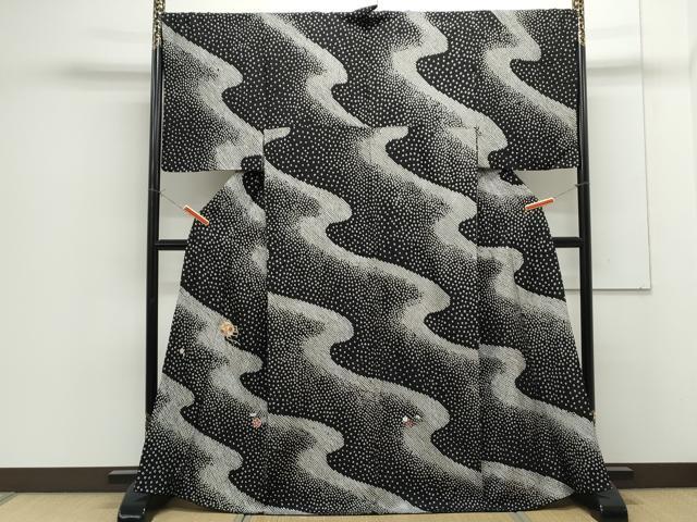 平和屋着物●訪問着 駒刺繍 絞り 糸巻き花文 黒地 金糸 正絹 逸品 CAAS9314th