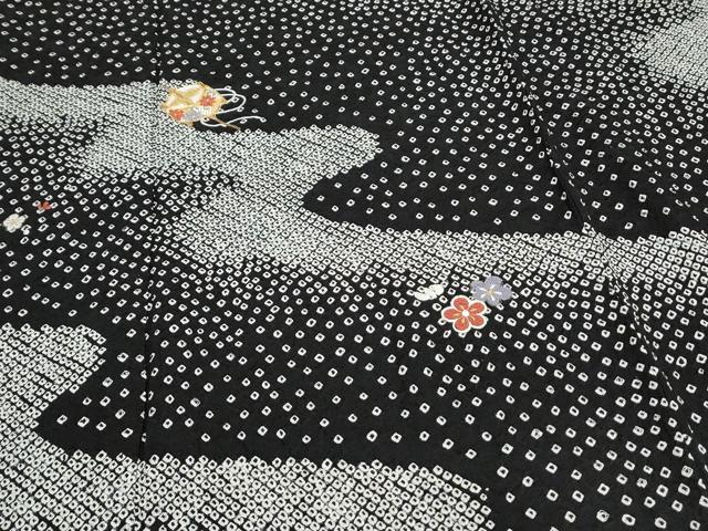 平和屋着物●訪問着 駒刺繍 絞り 糸巻き花文 黒地 金糸 正絹 逸品 CAAS9314th