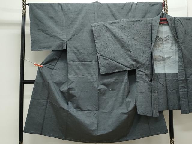 平和屋着物●男性 紬 髭紬羽織セット 色無地 墨色 正絹 逸品 未使用 CAAS9323th