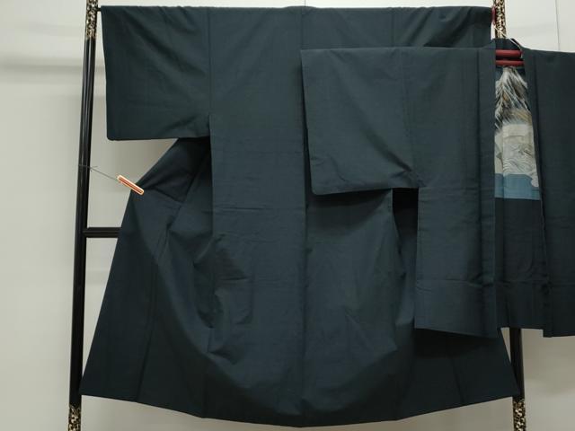 平和屋着物●男性 紬 アンサンブル 色無地 黒色 正絹 逸品 CAAS9325th