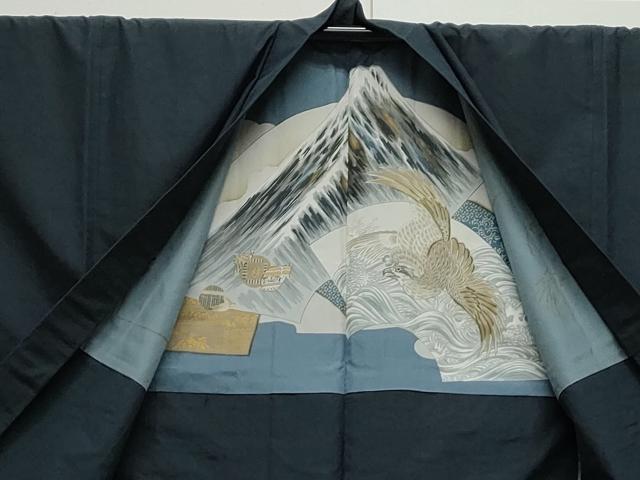 平和屋着物●男性 紬 アンサンブル 色無地 黒色 正絹 逸品 CAAS9325th