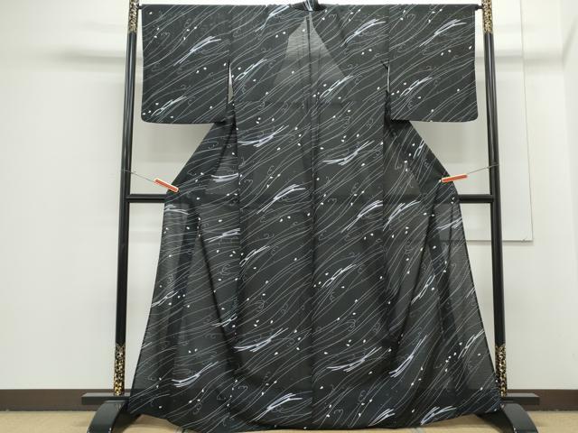 平和屋着物*夏物 小紋 絽 跳兎 舞花びら 黒地 洗える着物 未使用 CAAQ1231thm