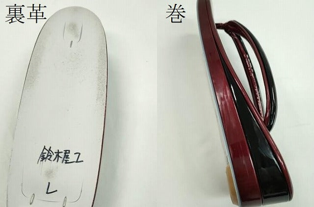 平和屋着物●和装小物 和装バッグ・草履セット エナメル 臙脂色×黒 草履サイズ:L 逸品 CAAS9802ju