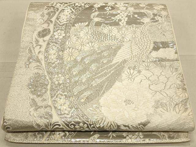 平和屋着物◎六通柄袋帯 唐織 孔雀花唐草文 銀糸 正絹 逸品 CAAT0022ft