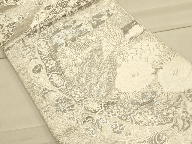 平和屋着物◎六通柄袋帯 唐織 孔雀花唐草文 銀糸 正絹 逸品 CAAT0022ft
