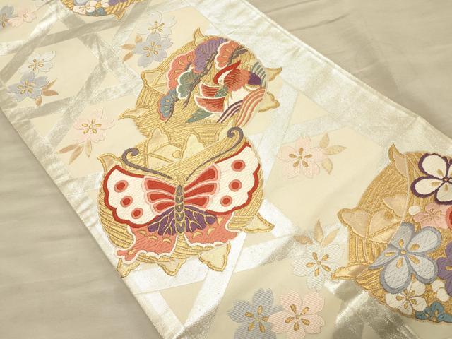 平和屋着物◎六通柄袋帯 唐織り 舞蝶花鳥文 金銀糸 正絹 逸品 CAAT0263ft