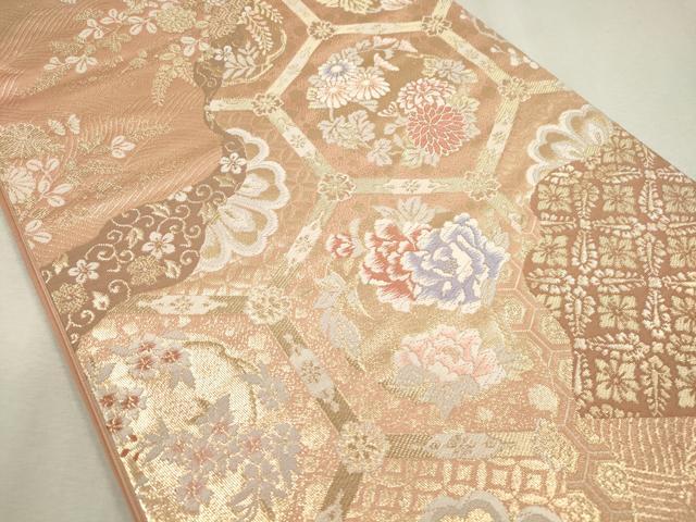 平和屋着物◎六通柄袋帯 道長取天井文 金糸 正絹 逸品 CAAT0418dy