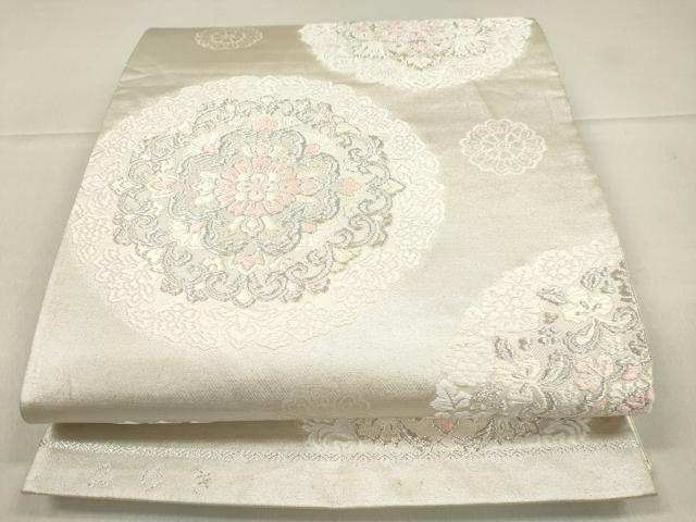 平和屋着物◎六通柄袋帯 唐織 吉祥花丸文 銀糸 正絹 逸品 CAAT0440dy