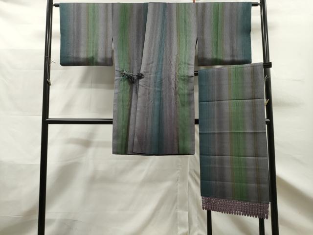 平和屋着物#道中着 リバーシブル 霞文 暈し染め ショール付き ロング丈 正絹 逸品 CAAT0467dy