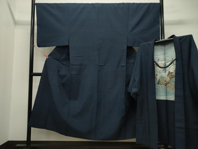 平和屋着物●男性 紬 アンサンブル 濃紺地 正絹 逸品 CAAT0563dy
