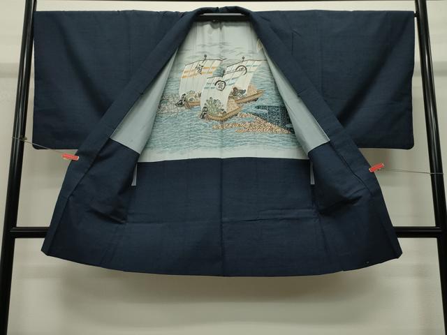 平和屋着物●男性 紬 アンサンブル 濃紺地 正絹 逸品 CAAT0563dy
