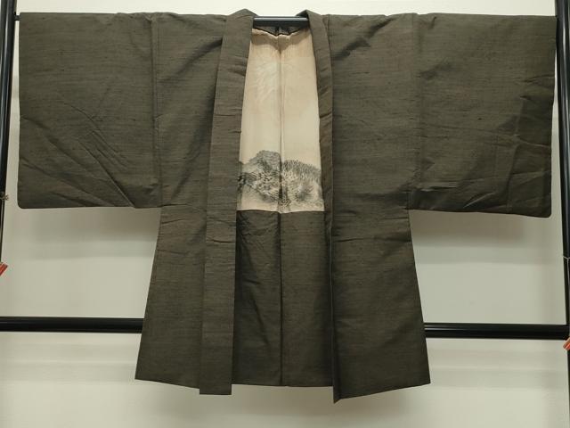 平和屋着物●男性 紬 アンサンブル 藍媚茶色 正絹 逸品 CAAT0564dy