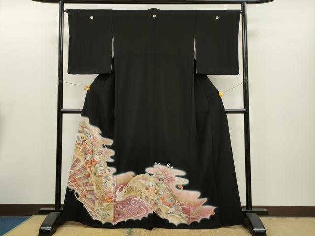 平和屋着物□豪華黒留袖 刺繍 人物風景文 暈し染め 金彩 正絹