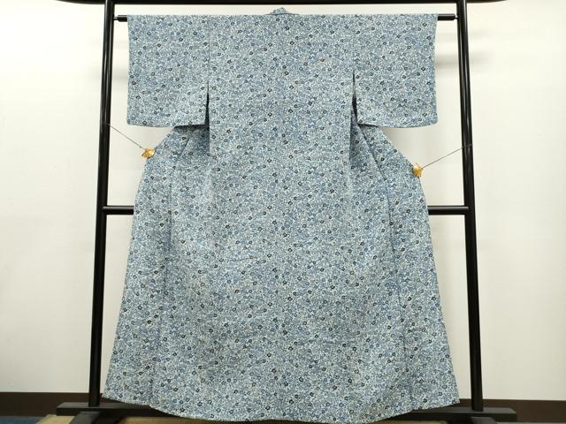 平和屋着物▽上質な小紋 単衣 藍 型染め 草花文 鬼しぼ縮緬 正絹 逸品 CAAT0737dy