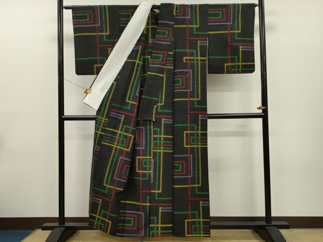 平和屋着物▽上質な紬 単衣 吉祥文 黒地 正絹 逸品 CAAT0761dy