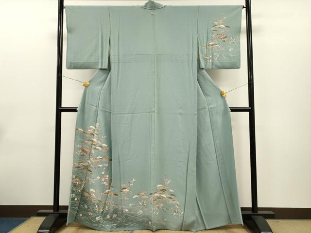 平和屋着物▽訪問着 単衣 松竹梅風景文 たたき染め 金彩 正絹 逸品 CAAT0773dy