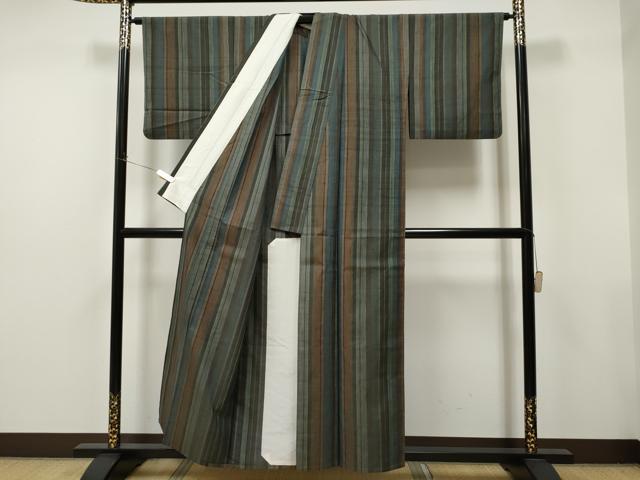 平和屋着物▽上質な紬 単衣 縞 正絹 逸品 CAAT0786dy