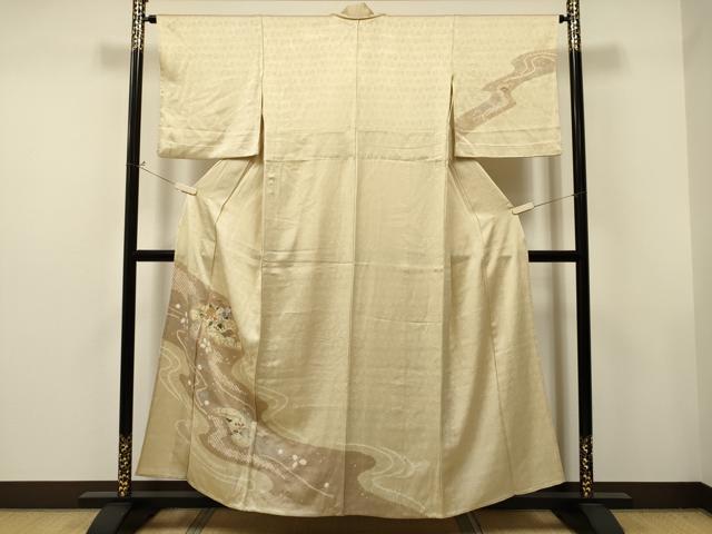 平和屋着物▽訪問着 単衣 絞り 刺繍 流水草花文 金銀彩 正絹 逸品 CAAT0793dy