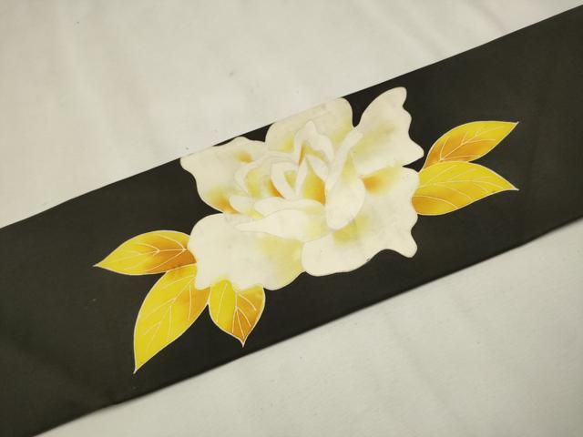 平和屋着物●塩瀬 九寸名古屋帯 椿 黒地 正絹 逸品 CAAT0902hy