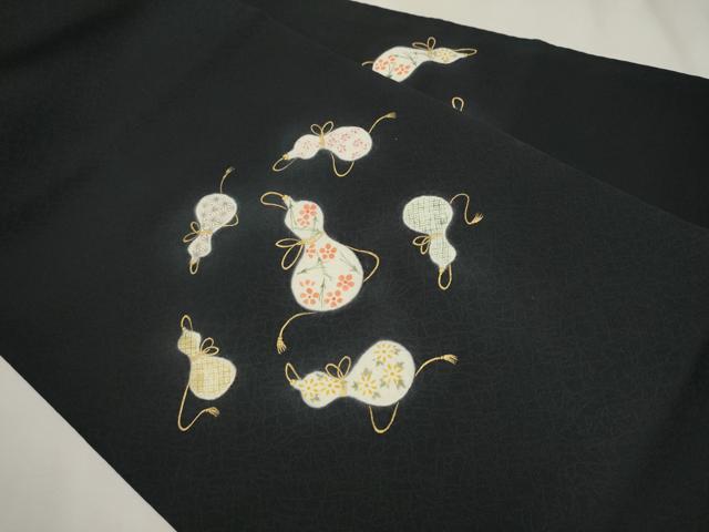 平和屋着物●九寸名古屋帯 作家物 瓢箪花文 黒地 金彩 正絹 逸品 CAAT0920hy