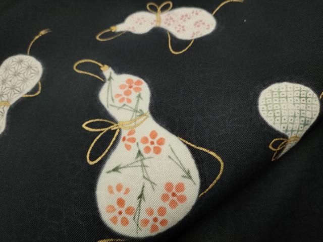 平和屋着物●九寸名古屋帯 作家物 瓢箪花文 黒地 金彩 正絹 逸品 CAAT0920hy