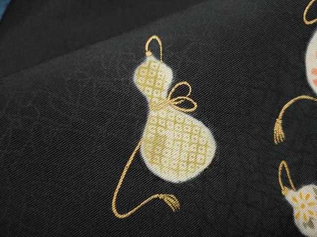 平和屋着物●九寸名古屋帯 作家物 瓢箪花文 黒地 金彩 正絹 逸品 CAAT0920hy