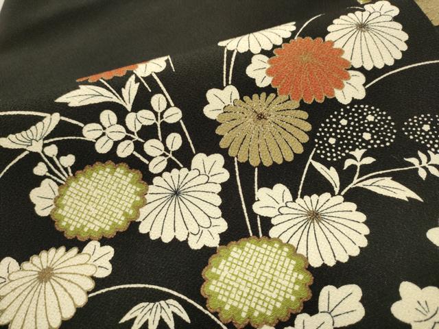 平和屋着物●九寸名古屋帯 草花文 黒地 金彩 鬼しぼ縮緬 正絹 逸品 CAAT1050hy