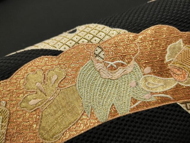 平和屋着物●八寸名古屋帯 佐賀錦 総刺繍 雪芝宝尽くし文 黒地 金銀糸 正絹 逸品 CAAT1177hy